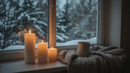 Obraz premium Cozy candlelit window with snowy pine trees, warm knit blanket and mug