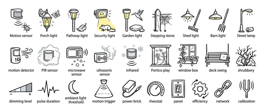Set of smart home outdoor automation technology icons for application design