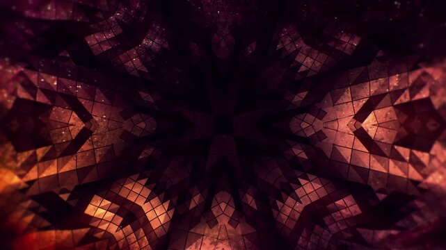 Abstract orange kaleidoscope motion graphics loop with glowing geometric patterns and star shape.