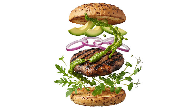 Portobello mushroom burger exploding midair with pesto swirl white