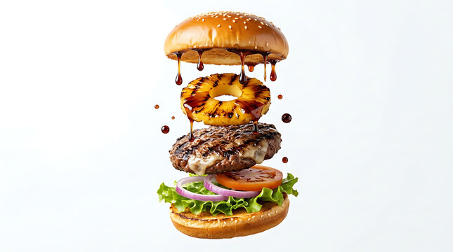Levitating Hawaiian burger layers with teriyaki sauce drizzle