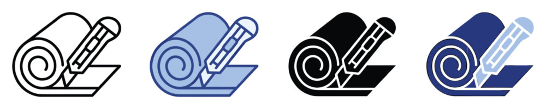 Set of icons featuring a utility knife cutting rolled material for craft and renovation