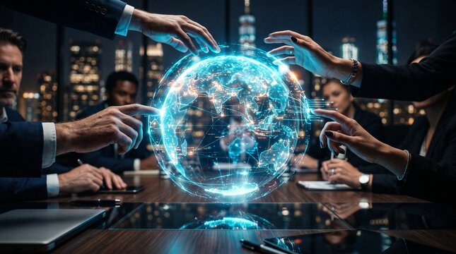 Business team collaborating around a glowing global digital network