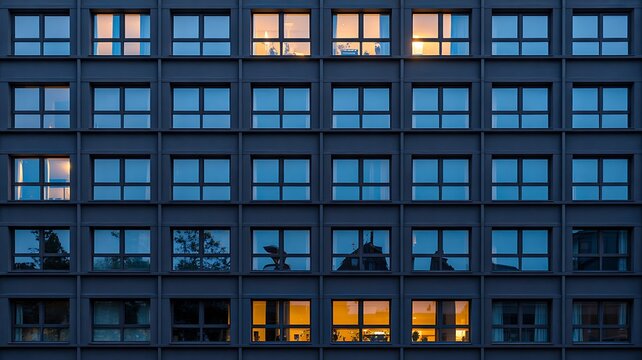 Modern apartment building facade with illuminated windows at dusk in urban residential architecture
