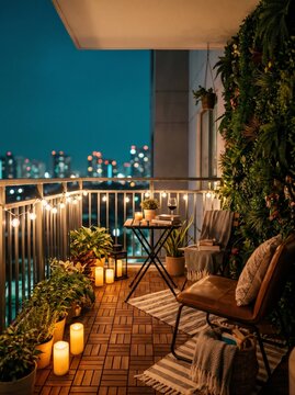 Comfort candlelit corner on a cozy balcony overlooking the city at twilight. Small space design, urban apartment living and home decor concept. Interior view for poster
