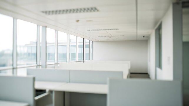 Bright modern open office workspace with large windows and minimalist interior design