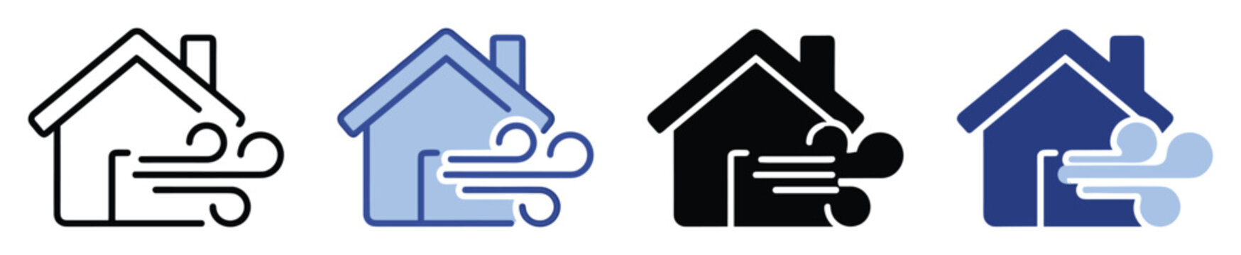 Set of house with wind icons for home ventilation air circulation applications