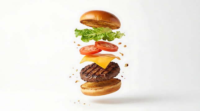 Exploded burger layers frozen in mid air on white background