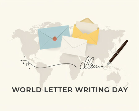 World letter writing day greeting card design with envelopes and fountain pen on world map envelopes communication correspondence stationery fountain celebration