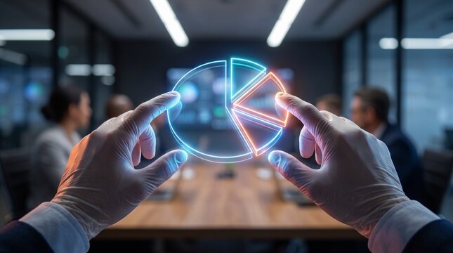 Hands holding glowing neon pie chart hologram in modern boardroom