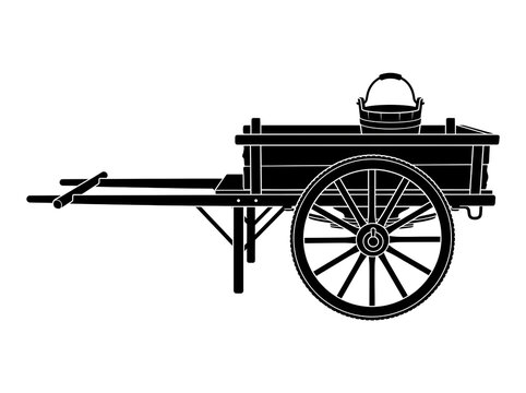 Traditional wooden hand cart silhouette with a bucket, vintage rustic agricultural wagon icon