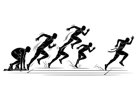 Black silhouette sequence of track runners demonstrating the motion of sprinting from a starting block to full speed
