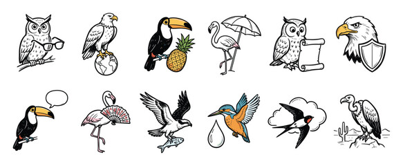 Fototapeta premium Set of diverse bird characters in different scenarios perfect for educational and symbolic graphics