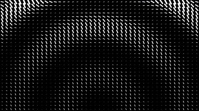 Abstract white halftone dash wave motion graphics on black background loop