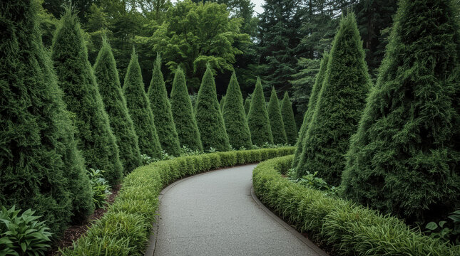 Curved garden pathway surrounded by lush conical evergreen trees and trimmed hedges