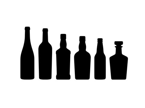 Alcohol bottle silhouettes set of 6 vector icons, black liquor and wine bottle shapes, minimalist beverage container outlines for bar menus