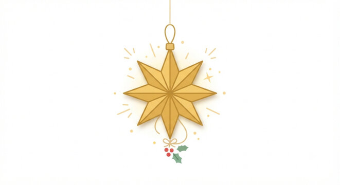 Golden Christmas Star Ornament Isolated on White Background