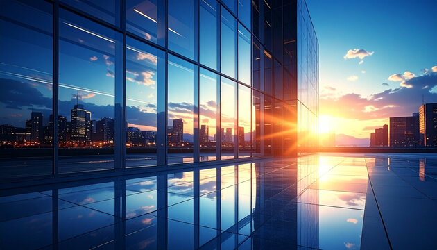 Modern glass building sunset