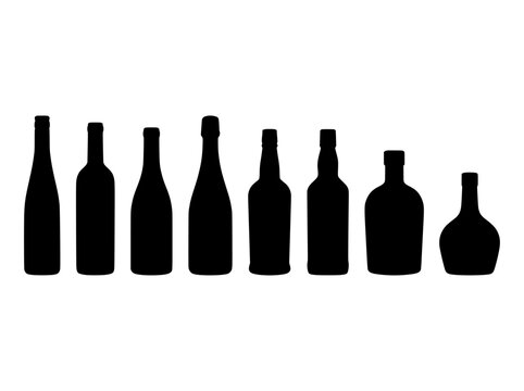 Alcohol bottle silhouettes set, black glass bottle icons for wine and liquor, collection of 8 beverage bottle shapes for bar menus and signage
