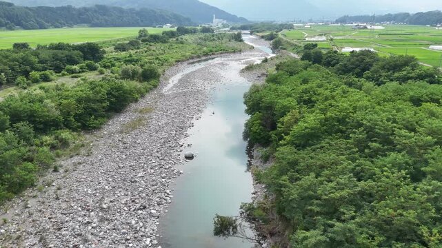 Aerial view of a winding river through lush green fields. Stones line the river's bed, reflecting calm water. Trees frame both sides, offering natural serenity