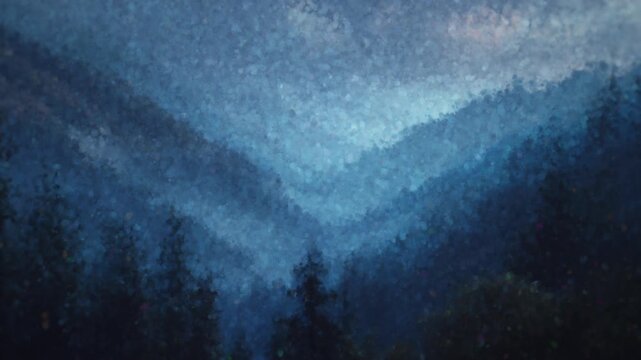 Impressionistic blue mountain landscape oil painting style footage background loop