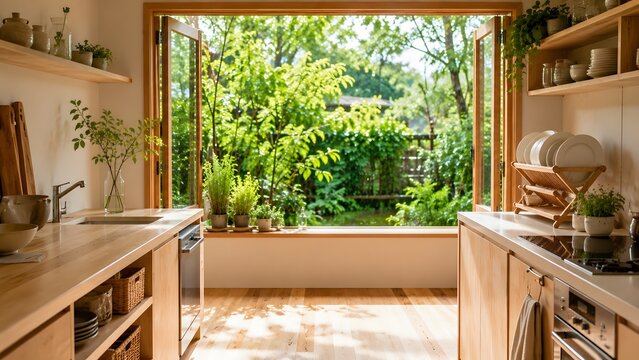 Bright wooden kitchen with open window overlooking green garden