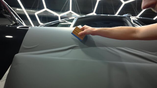 Close up footage of process of installed vinyl wrap on a car body in a workshop. detailing process with film installation, smooth matte finish and precision work