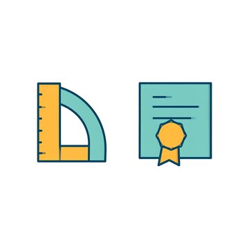 Set of education and geometry icons featuring a protractor and a diploma certificate.