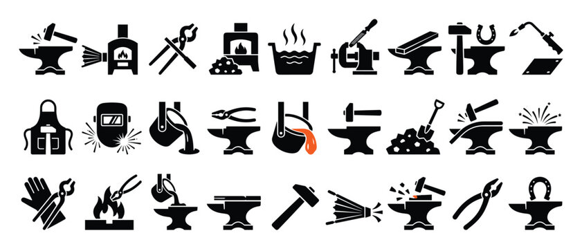 Set of blacksmith and metalworking process icons for industrial infographics and craft applications