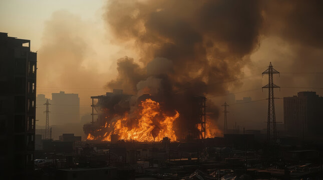 Dense smoke rising above active flames in industrial fire at dusk, dramatic orange glow and haze