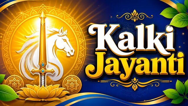 Happy Kalki Jayanti Hindu Festival Banner Template with White Horse Golden Sword and Divine Lotus Design