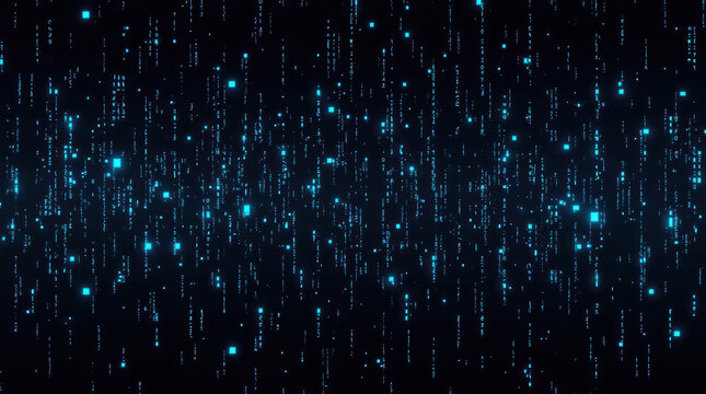 Digital matrix background with cascading neon code and glowing blue pixels evoking futuristic