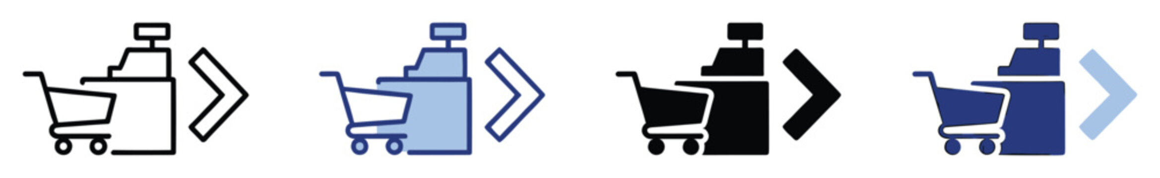 Set of checkout process icons with shopping cart and cash register for ecommerce and retail
