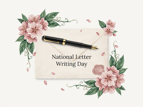National letter writing day card with ink pen on parchment paper surrounded by pink cherry blossom flowers parchment stationery communication handwriting correspondenc