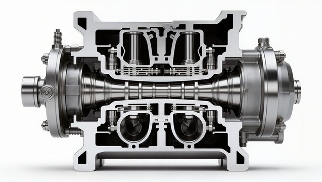 Twin-stage reciprocating compressor with conical shaft cross-section, white background