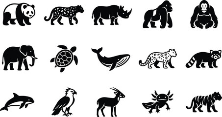 Obraz premium Set of black and white animal silhouettes featuring various wild creatures isolated on a plain white background