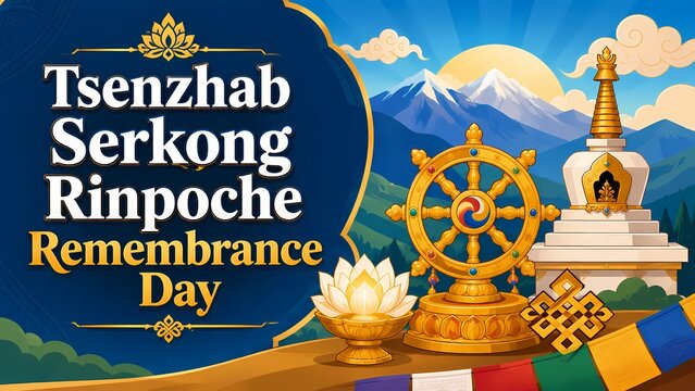 Tsenzhab Serkong Rinpoche Remembrance Day banner with Buddhist stupa, dharma wheel, lotus, and mountain background