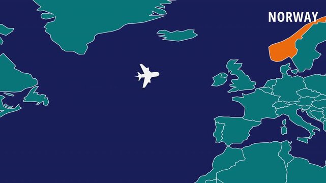 Flight Map Animation Showing Airplane Route Travelling From USA to Norway. Perfect visual for video editors, content creators, and marketing agencies needing high-end geographical transitions.