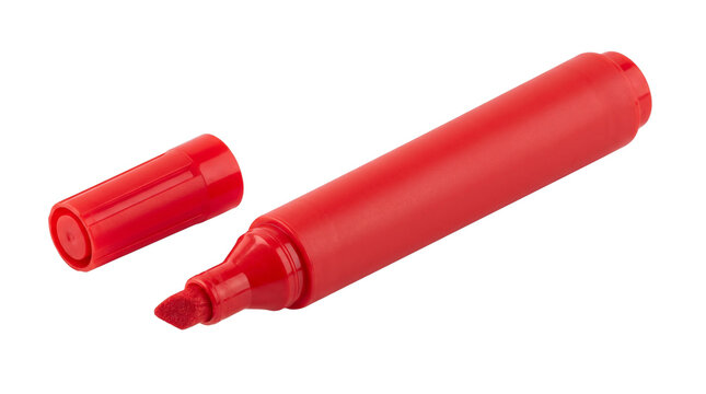 Red permanent marker with open cap, vibrant felt tip pen for office and school supplies, plastic marking tool isolated on white background