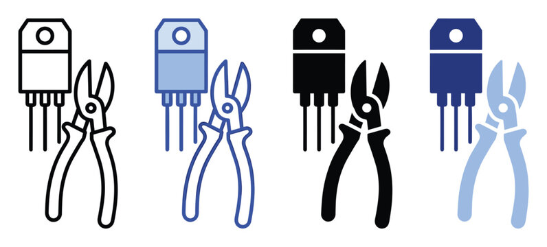 Set of electronic transistor component and cutting pliers icons for engineering concepts