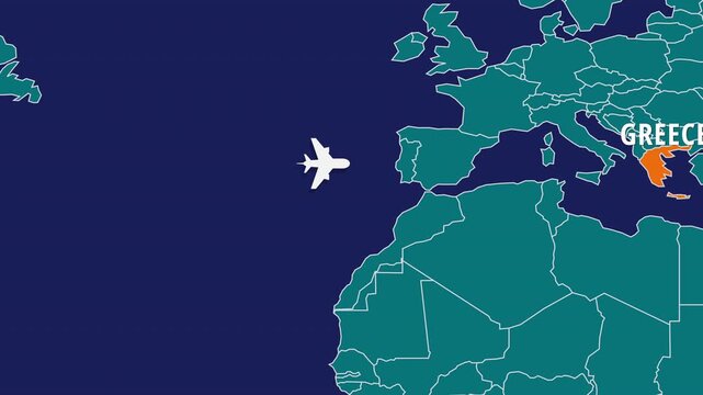 Flight Map Animation Showing Airplane Route Travelling From USA to Greece. Perfect visual for video editors, content creators, and marketing agencies needing high-end geographical transitions.