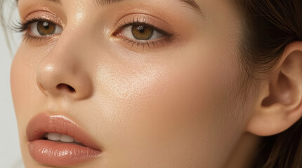 Naklejka premium Flawless dewy skin close up with warm makeup and soft expression
