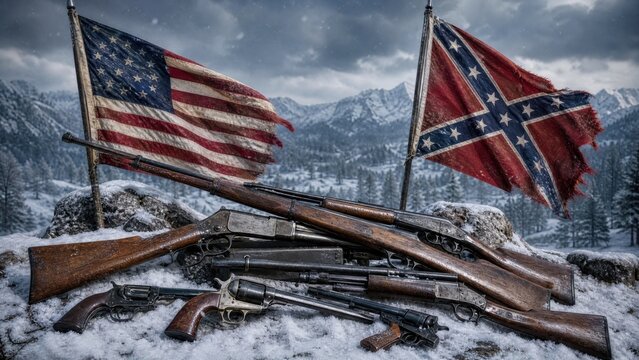 Old rifles buried in snow with american and confederate flags waving