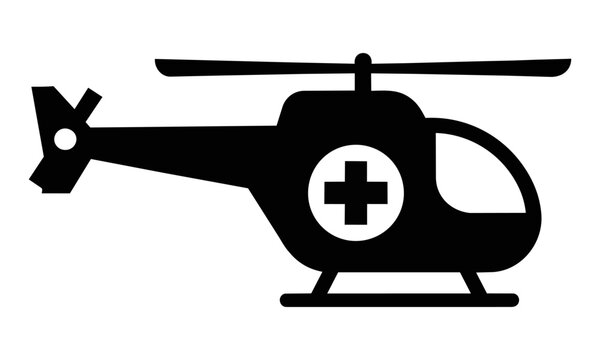 Minimalist rescue helicopter icon with a medical cross cutout on the side presented as a simple black silhouette for a modern healthcare logistics concept