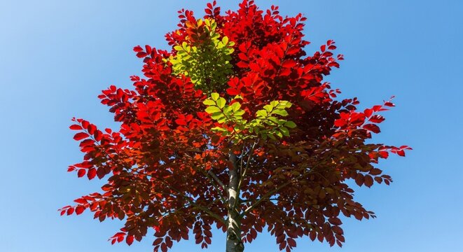Copper beech tree leaves glowing vibrant red under a clear bright summer sky
