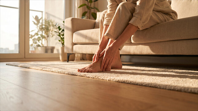 Woman Sitting Couch Touching Sore Ankle Leg Pain Relief Concept Home Interior Golden Hour Warm Sunlight Feet Massaging Strained Muscle Inflammation Physical Discomfort Recovery Wellness Living Space