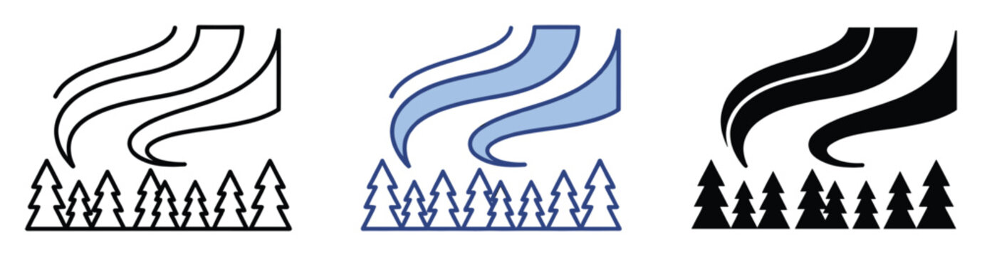 Set of northern lights aurora borealis over pine trees icons for weather or nature app