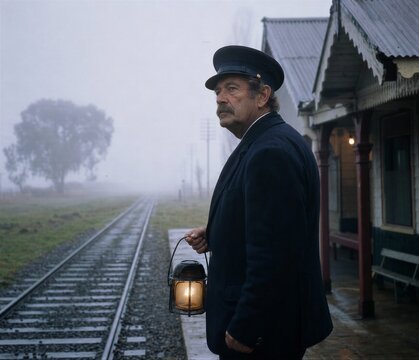 Stationmaster in uniform holding vintage metal lantern at rural railway platform in Argentina. Retro steam train era worker waiting in misty morning fog. Nostalgic travel concept.