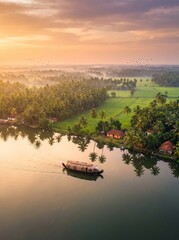 Fototapeta premium Golden sunrise over Kerala backwaters with traditional houseboat
