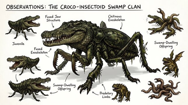 Detailed creature concept art featuring various life stages of a fictional swamp dwelling croco insectoid monster hybrid on white background